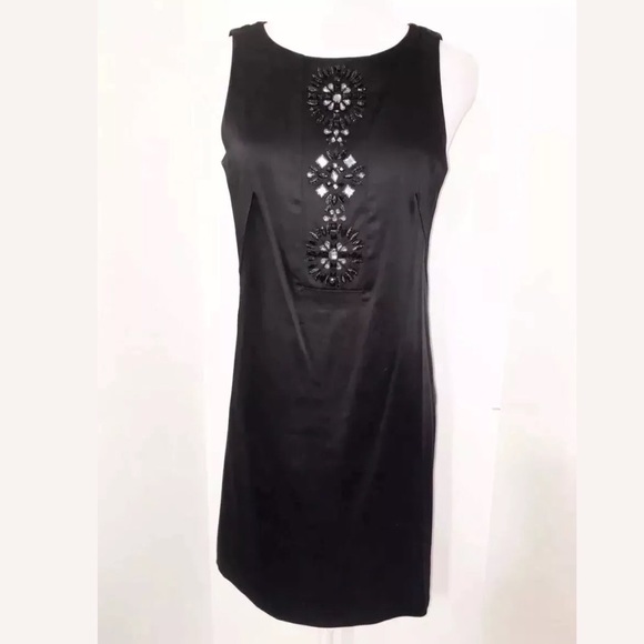Maggy London 2 Black Satin Sheath Dress Bling Neck Pencil Sleeveless Knee - Picture 1 of 4